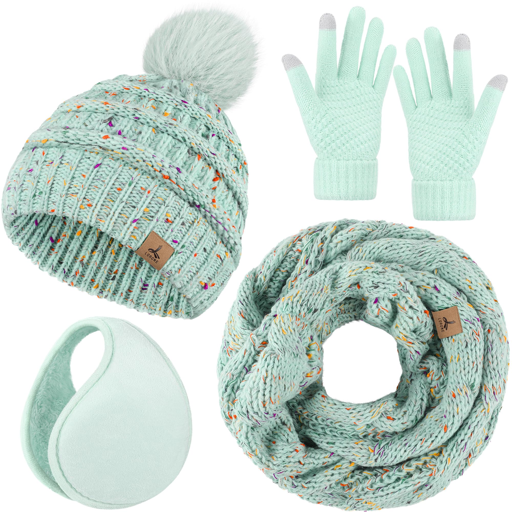 Winter Hat Scarf Gloves and Ear Warmer, Warm Knit Beanie Hat Touch Screen Gloves Set Winter Gifts Neck Scarves for Women